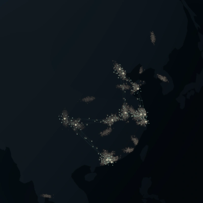 Dark China-facing map of regional hubs and illustrative resource connections